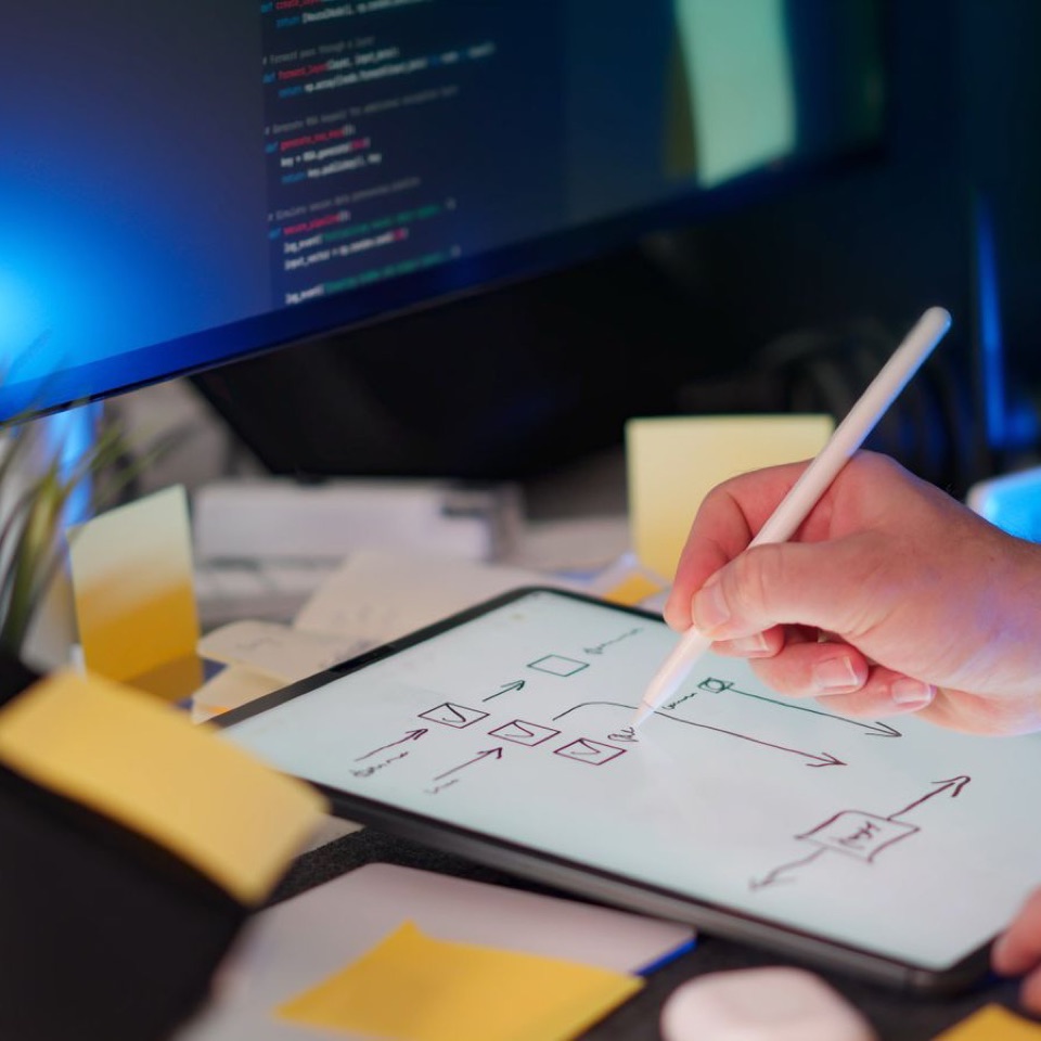 UX-designer die een wireframe schetst naast een laptop